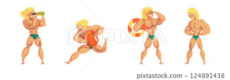 Man Beach Lifeguards Ensuring Safety Vector Set Man Beach Lifeguards Ensuring Safety Vector Set 124891438