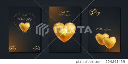 Happy Mothers day vector set greeting card. Glossy gold hearts, floral texture on black background. Luxury holiday poster concept for mother's day banner, flyer, party invitation, gift shop, templates 124891439