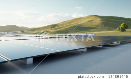 Expansive solar panel array situated in a scenic, rural landscape with rolling hills 124891446