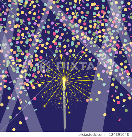 Vector Christmas Bengal light. Realistic sparkler light on circle confetti background. Festive bright firework. Element of decoration for celebration and holiday. 124891648