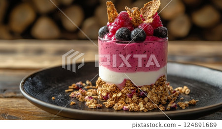 Colorful dessert with layers of yogurt, berries, and granola served on a wooden table 124891689