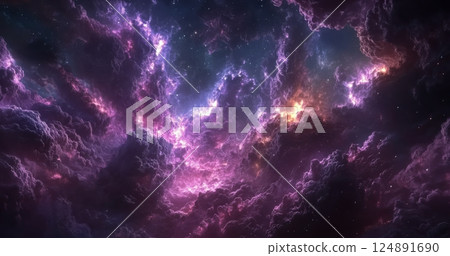 Vibrant nebula swirling in cosmic colors captured in deep space exploration 124891690