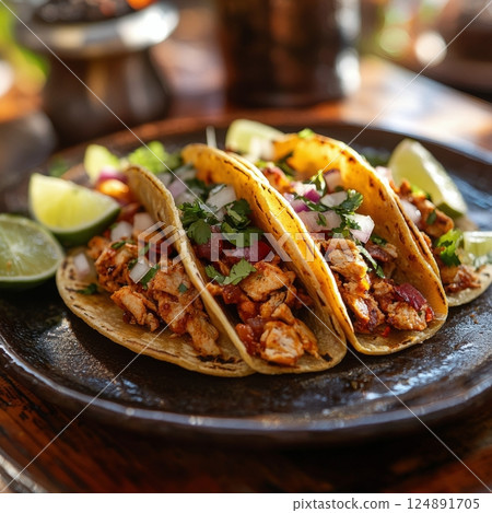 Delicious tacos with grilled chicken, corn salsa, and lime served on a rustic wooden table 124891705