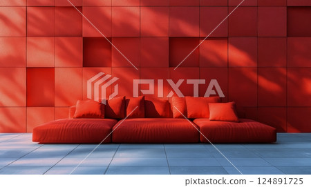 Modern red sofa against a vibrant textured wall in a stylish indoor space 124891725