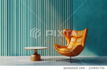 Modern interior design featuring a stylish white chair and wooden table in a serene space 124891730