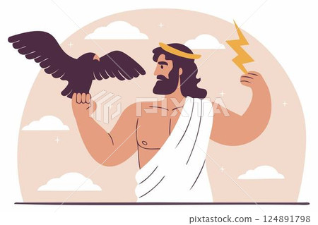 Zeus greek god of thunder, with eagle and lightning bolt, powerful olympian deity, ancient mythology, heroic vector illustration 124891798
