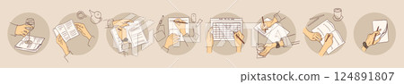 Hands write in notebook, organize office document or personal planner. Hands write in notebook, organize office document or personal planner. 124891807
