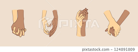 Illustration of two interracial love couple holding hands Illustration of two interracial love couple holding hands 124891809