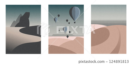Set of abstract mountain landscape, nature environment with air balloons, coast biome, desert dunes in flat art style. 124891813