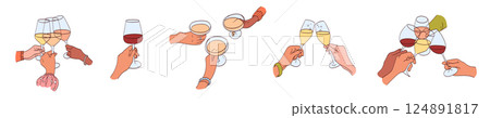Hands holding a glasses with wine. Man, woman clinking glasses with alcohol drinks. Friends persons celebrating holiday event together. Hands holding a glasses with wine. Man, woman clinking glasses with alcohol drinks. Friends persons celebrating holiday event together. 124891817