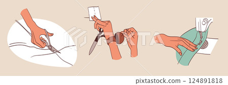 Human hands create handmade work, sewing tools and accessories Human hands create handmade work, sewing tools and accessories 124891818