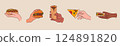 Hands holding fast food, street snacks set. Arms with takeaway pizza, burger, hot dog, sandwich and shawarma. 124891820