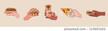 Hands holding fast food, street snacks set. Arms with takeaway pizza, burger, hot dog, sandwich and shawarma. Hands holding fast food, street snacks set. Arms with takeaway pizza, burger, hot dog, sandwich and shawarma. 124891820