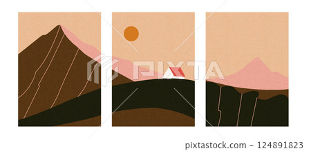 Collection of natural landscape with sun, mountains and countryside. Editable vector illustration for a website, invitation, postcard or poster. 124891823