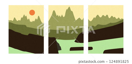 Collection of natural landscape by mountains and sea. Editable vector illustration for a website, invitation, postcard or poster. Collection of natural landscape by mountains and sea. Editable vector illustration for a website, invitation, postcard or poster. 124891825