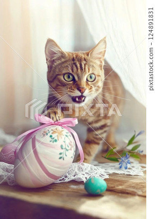 Lovely tabby cat playing with Easter egg with pink ribbon on wooden table. Easter with pet. 124891831