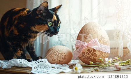 Two colored cat exploring patterned Easter egg, sitting near window. Homely Easter with lovely pet. 124891833