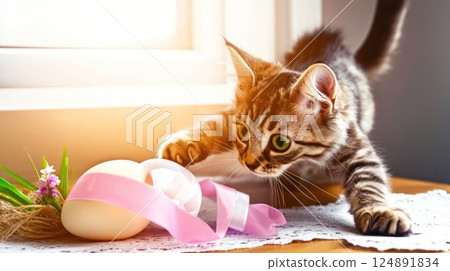 Cute white kitten playing with Easter egg with pink ribbon on wooden table near window. Easter cat. 124891834