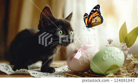 Small black kitten among Easter decorations. His green eyes following butterfly over Easter eggs. Small black kitten among Easter decorations. His green eyes following butterfly over Easter eggs. 124891847