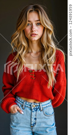 A woman in a red sweater and jeans poses for a picture 124891959