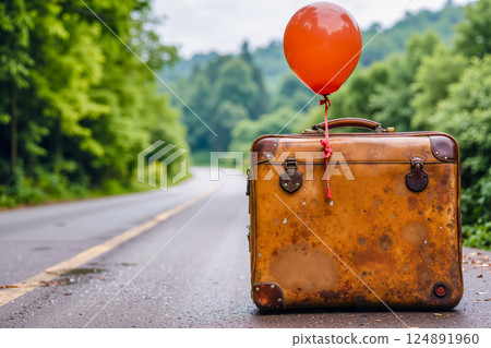 A suitcase with a red balloon on the side of the road A suitcase with a red balloon on the side of the road 124891960