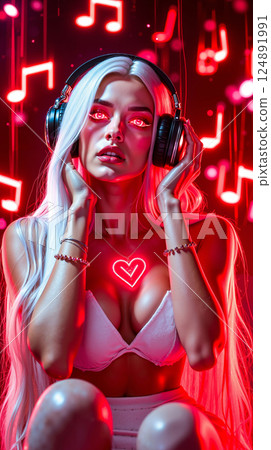 A woman with headphones sitting in front of a neon sign 124891991