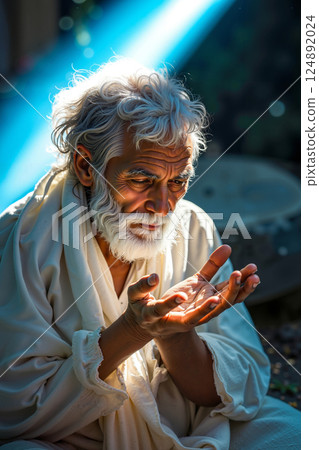 A man with a white beard and a white robe sitting on the ground 124892024