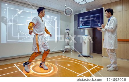 A man in a white lab coat and a man in an orange and white outfit playing basketball 124892026