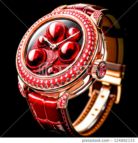 A red watch with red cherries on the face of it 124892133