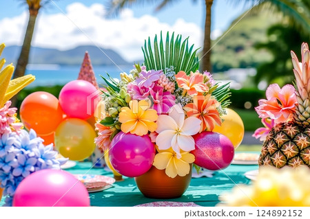 A table topped with a vase filled with colorful flowers and balloons A table topped with a vase filled with colorful flowers and balloons 124892152