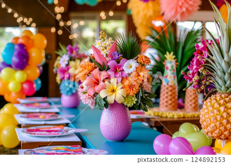 A table set for a party with colorful decorations and flowers A table set for a party with colorful decorations and flowers 124892153