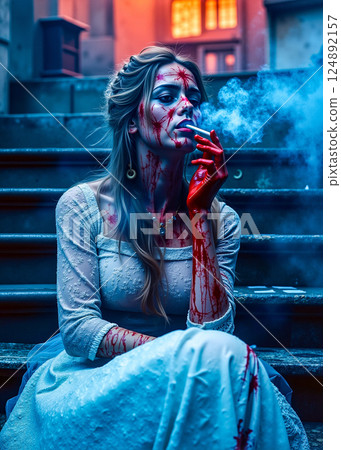 A woman dressed as a zombie smoking a cigarette 124892157