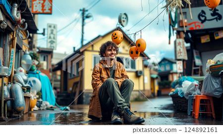 A man sitting on the ground in front of a store with orange balloons 124892161