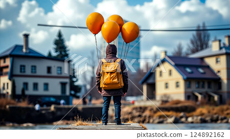 A man standing on a dock holding a bunch of yellow balloons 124892162