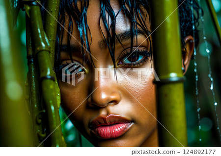 A close up of a woman's face behind a bamboo fence A close up of a woman's face behind a bamboo fence 124892177