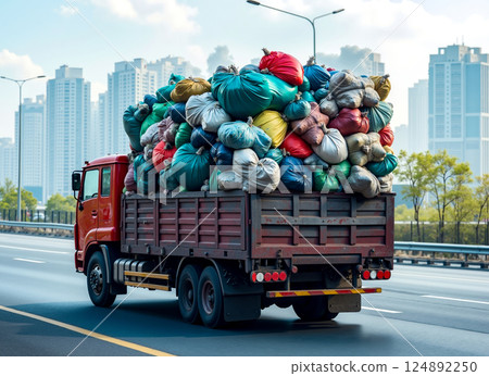 A truck full of bags of garbage on the back of it driving down a highway 124892250