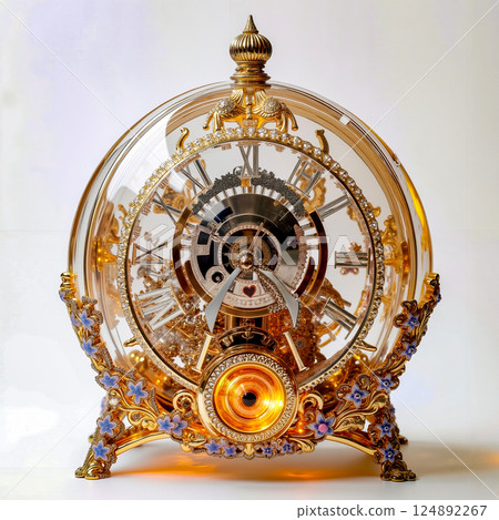 A gold and blue clock sitting on top of a table 124892267