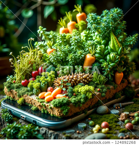 A cell phone with a bunch of vegetables on top of it 124892268