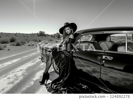 A woman in a long dress and hat sitting on the hood of a car 124892278