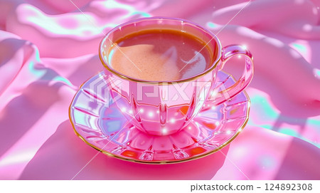 A pink cup of coffee on a pink background 124892308
