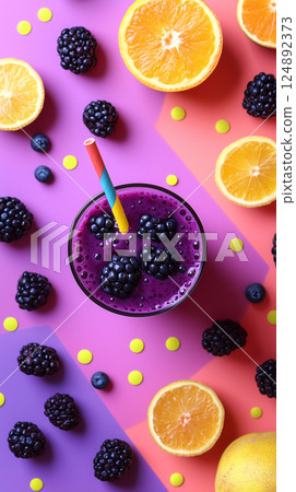 Top view  of vibrant berry smoothie with fresh oranges on colorful background. Bright summer poster 124892373