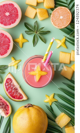 Refreshing pink smoothie with citrus and tropical fruits on green background. Bright summer food flatlay 124892374