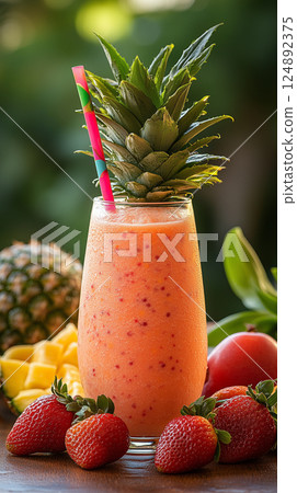 Tropical pineapple and strawberry smoothie with fresh fruits on wooden table Tropical pineapple and strawberry smoothie with fresh fruits on wooden table 124892375