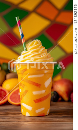 Delicious tropical fruit smoothie with whipped cream in colorful setting Delicious tropical fruit smoothie with whipped cream in colorful setting 124892376
