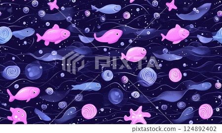 Cute marine life seamless pattern with whimsical pink fish on purple background 124892402