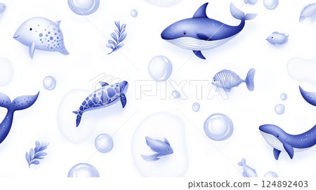 Minimalist blue and white marine life seamless pattern with sea creatures and bubbles for ocean-themed design 124892403