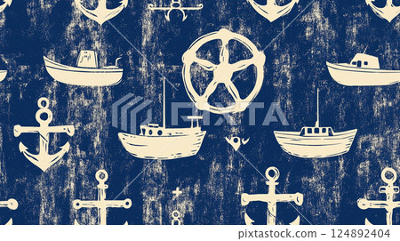 Nautical seamless pattern with boats and anchors on textured navy background for retro maritime design 124892404