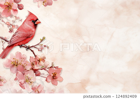 Cardinal among blossoms on pastel empty background, spring nature watercolor art design for cards and posters 124892409