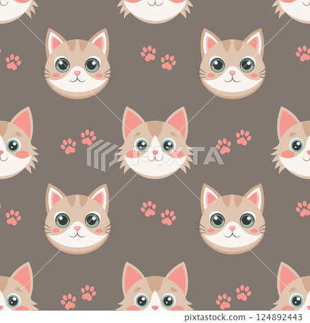 Seamless pattern of cute cat faces and paw prints. Kittens seamless pattern. Cute background for kids. 124892443