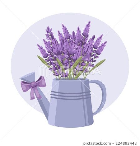 Bouquet of beautiful lavender flowers in a watering can. Lavender flowers. Illustration for a wedding invitation, postcard, logo. 124892448